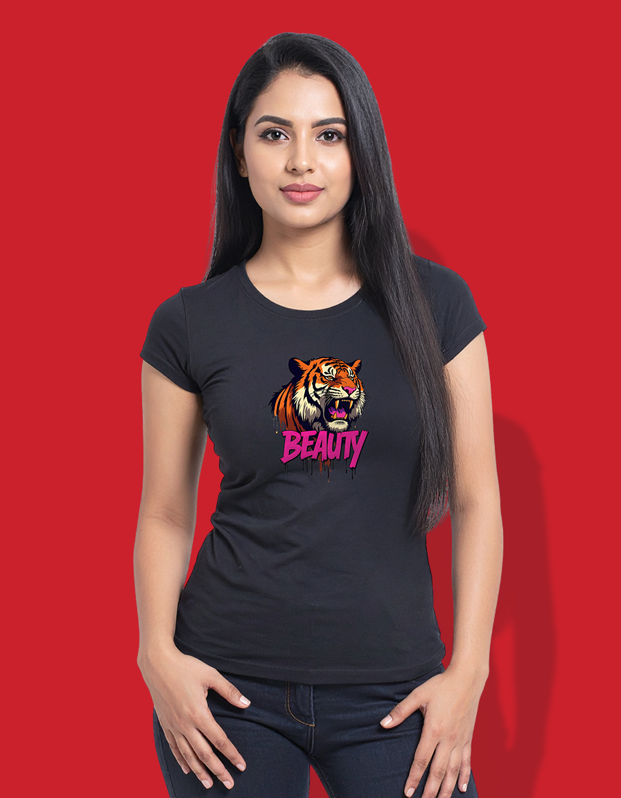 Women's Tiger Graphic T-Shirt with "Beauty" Text