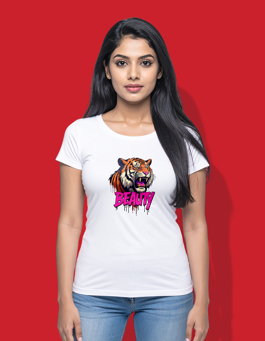 Women's Tiger Graphic T-Shirt with "Beauty" Text