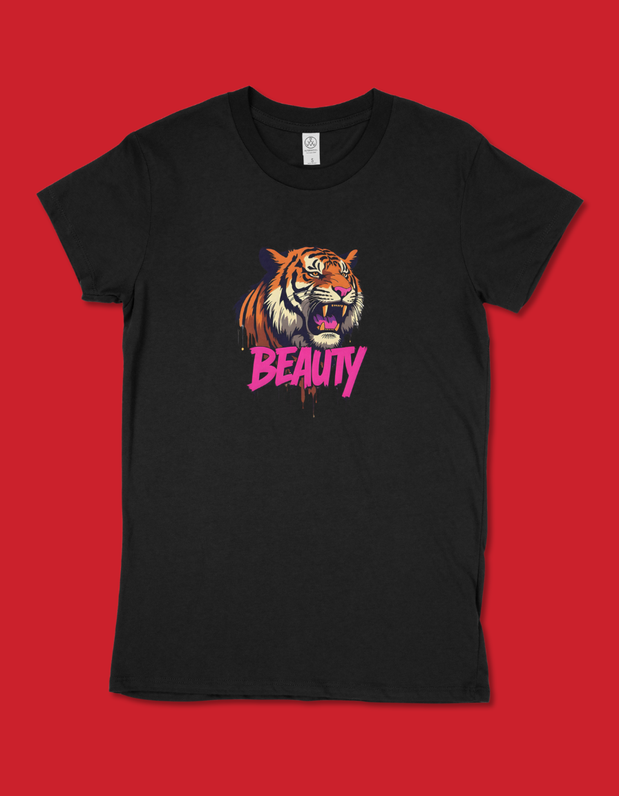 Women's Tiger Graphic T-Shirt with "Beauty" Text