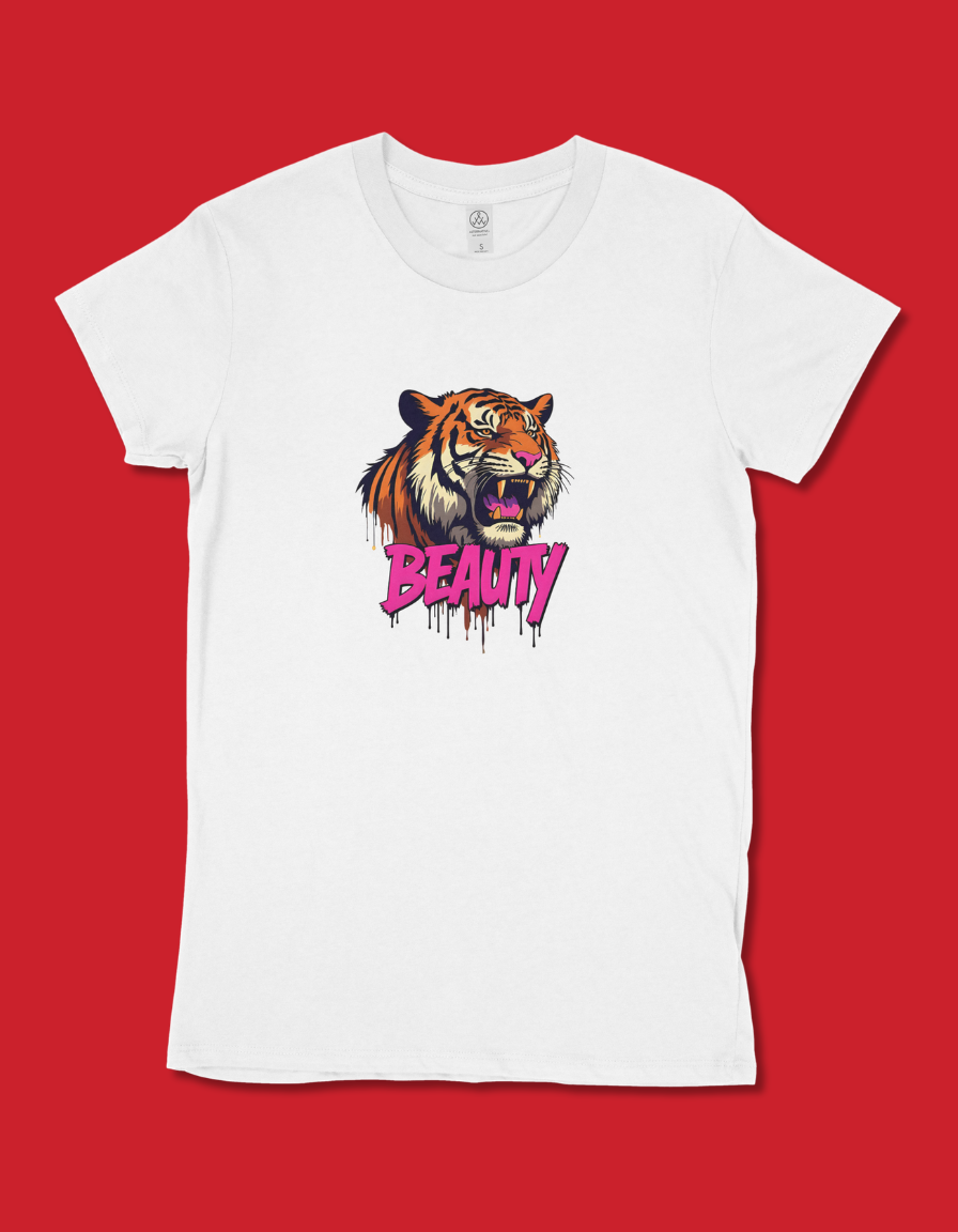 Women's Tiger Graphic T-Shirt with "Beauty" Text